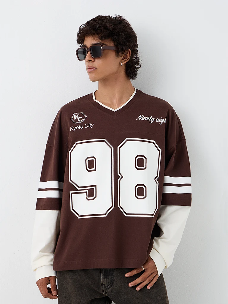 Nuon Dark Brown Numerical Printed Oversized-Fit Cotton T-Shirt